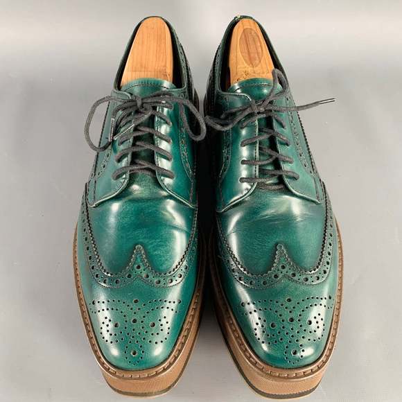 PRADA Green Brown Wingtip Leather Platform Lace-Up Shoes - Picture 4 of 8